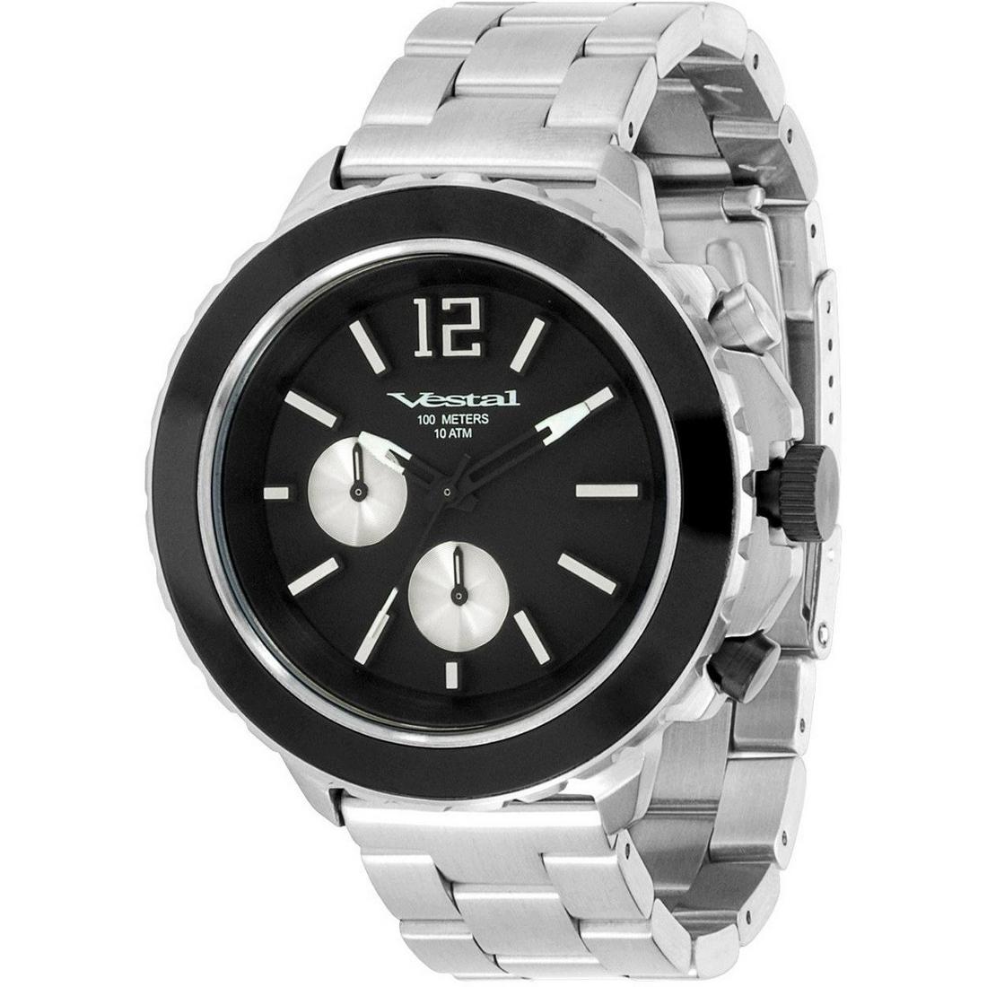Vestal Metal Yacht Silver Watch: Round watch featuring corrugated bezel with black top ring, stick/Arabic indices, and two chronograph sub dials. A 45 mm stainless steel case with mineral dial window and Japanese quartz movement with