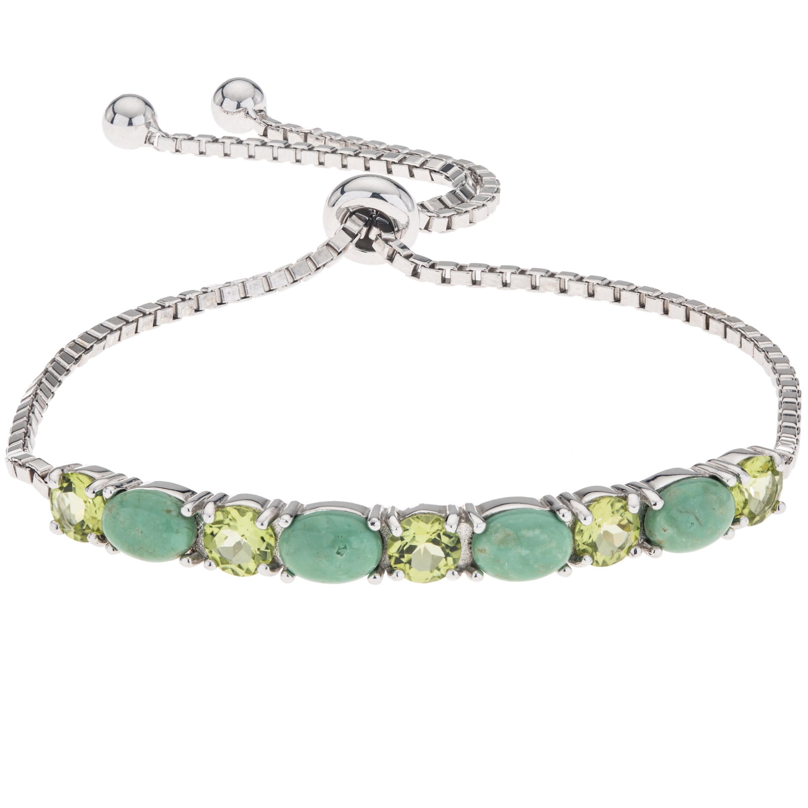Silver Evans Turquoise & Peridot Slider Bracelet: 925 Sterling Silver What a striking design! Beautifully styled by Pangea Mines skilled artisans, this handsome bracelet is lavishly adorned with genuine heavenly blue turquoise complemented by sparkli