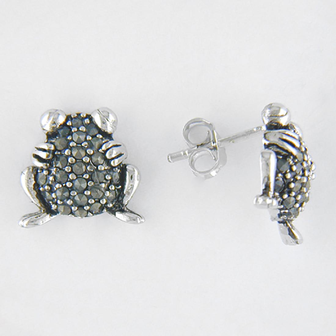 Silvertone Marcasite Frog Stud Earrings: Silvertone Marcasite Frog Stud Earrings • Metal: Brass • Stone: Marcasite