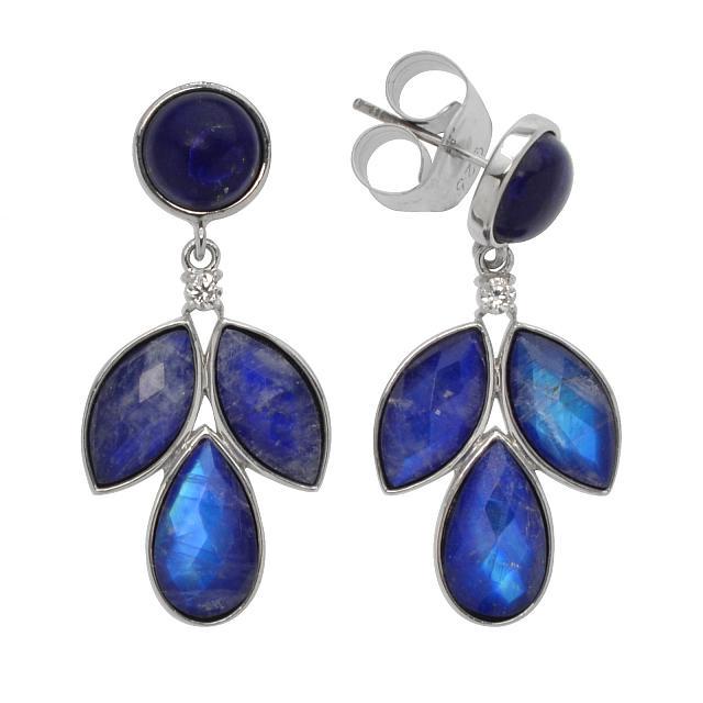 Sterling Silver Lapis Doublet Leaf Drop Earring: LapisLapis Lazuli: Two round 8mm cabochonsAssembled Rainbow Moonstone and Lapis Lazuli Doublet: Two pear shaped checkerboard cut 12 x 7mm and four marquise shaped checkerboard cut 12 x 6mmWhite Zircon