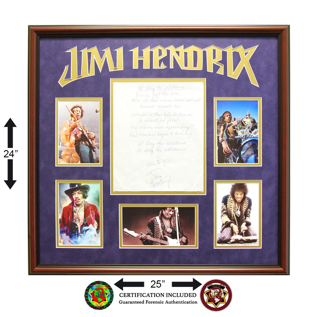 Jimi Hendrix Signed "All Along the Watchtower": Jimi Hendrix (November 27, 1942 – September 18, 1970). 8 ½ x 11 Jimi Hendrix signed and handwritten lyrics for “All Along the Watchtower.” Signed Boldly below lyrics in Blue Ball Point Pen. Mat