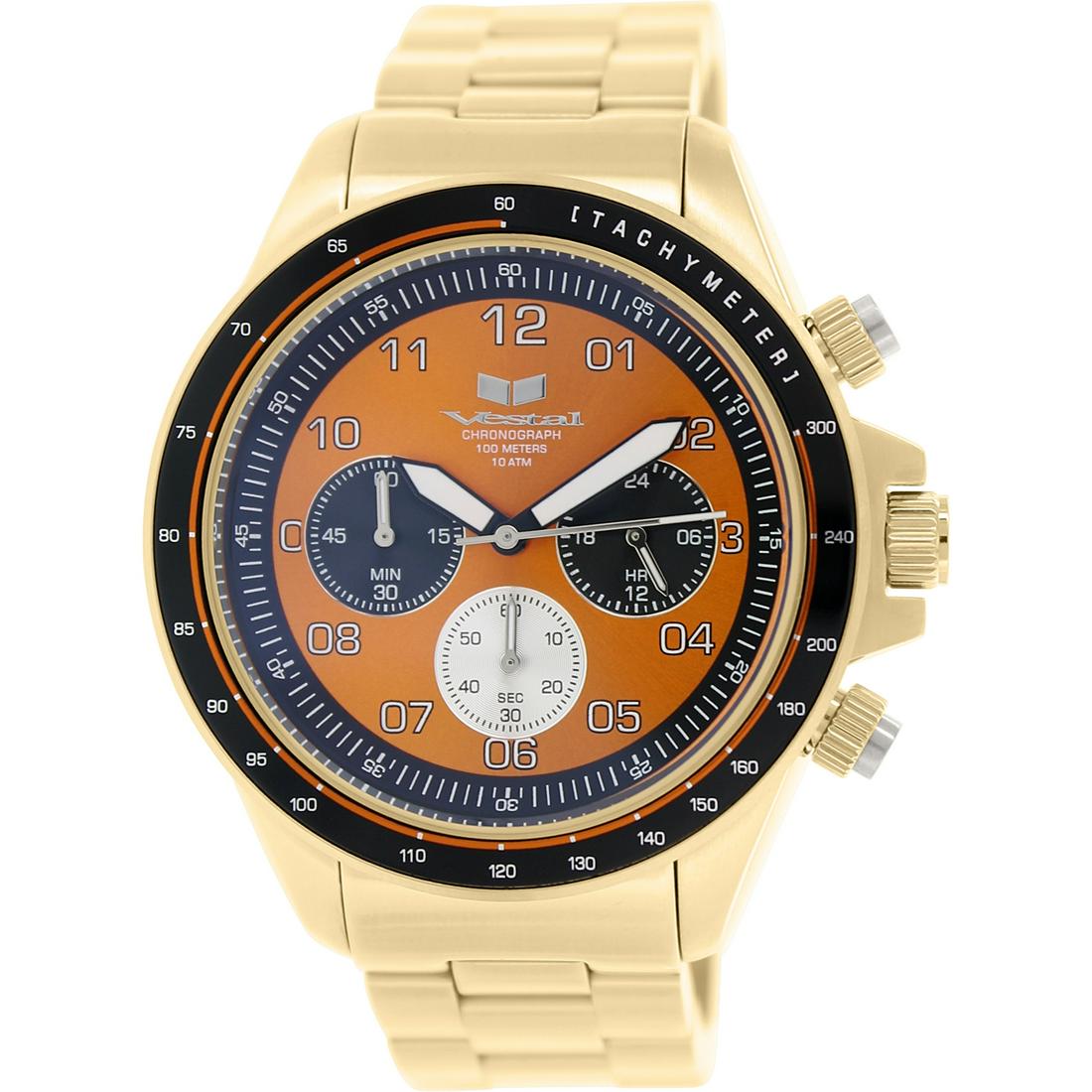 Vestal Men Zr-2 Gold Stainless-Steel Quartz Watch: Inspired by its sibling, the ZR-2 is everything the ZR-3 has to offer while captured in a smaller 43mm case. The ZR-2 is a mid-sized premium round chronograph. Its stainless steel case construction in