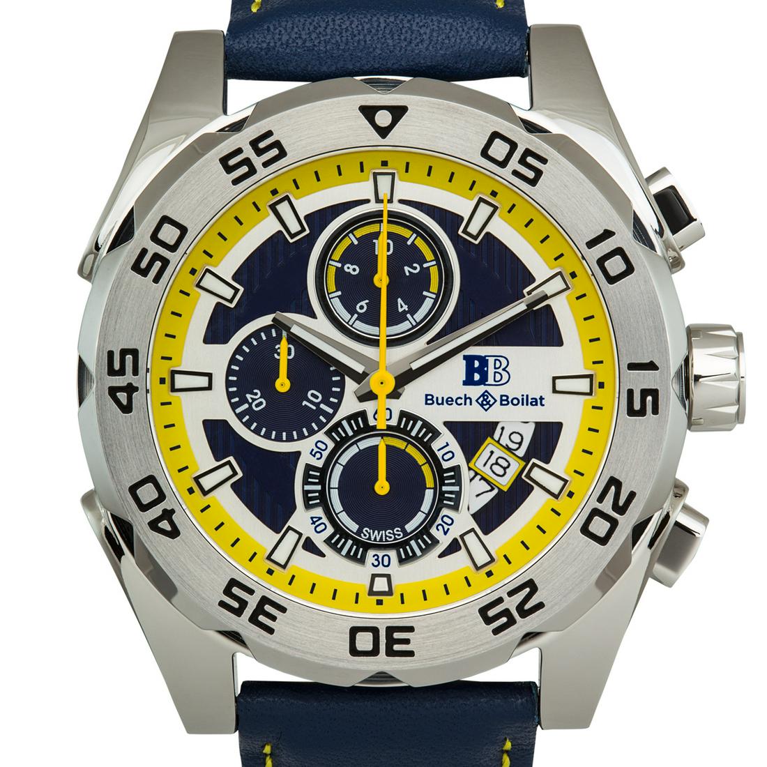 Buech & Boilat Torrent Mens Chronograph Watch: Buech & Boilat Torrent Mens Chronograph Watch - Blue Leather Strap, Silver and Blue Dial. True Chonograph FunctionsSwiss Ronda 3540.D MovementMulti-Layered DialLuminesent HandsSapphire Crystal