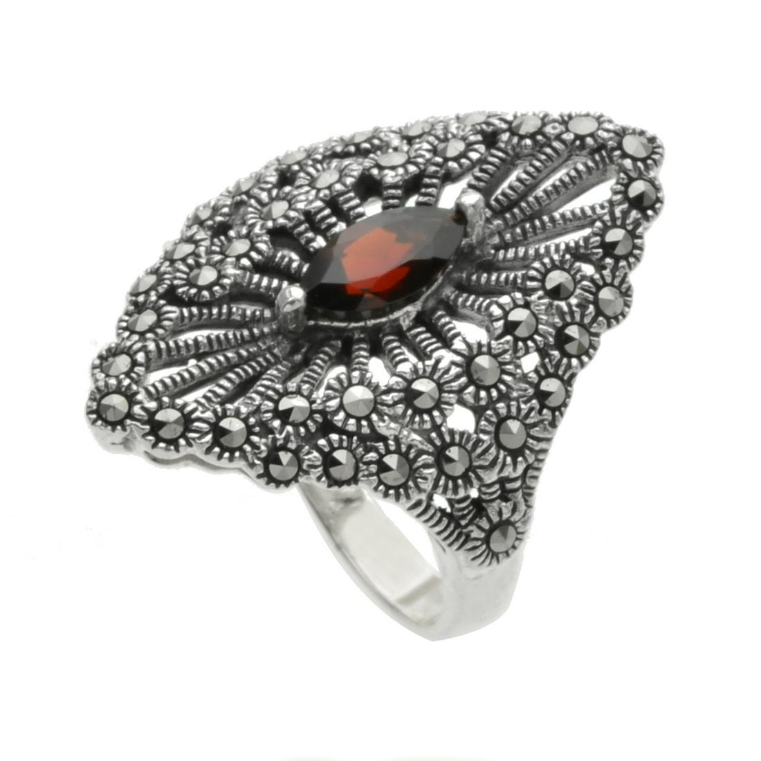 Sterling Silver Marcasite & Garnet Shield Ring-SZ6 (1 of 1)