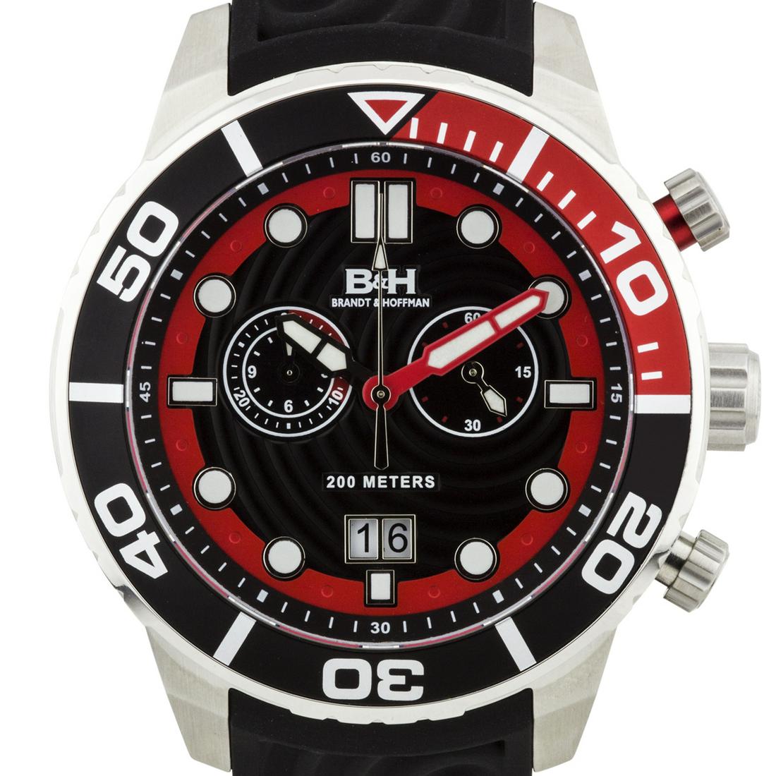 Brandt & Hoffman Epicenter Mens Swiss Diver Watch: Silicone BraceletRonda 5020.BStainless Steel caseLuminesent Hands and MarkersMultifunction DesignWater resistant up to 200 metersCase diamiter 48mmStainless steel BuckleMineral CrystalA bold take on a