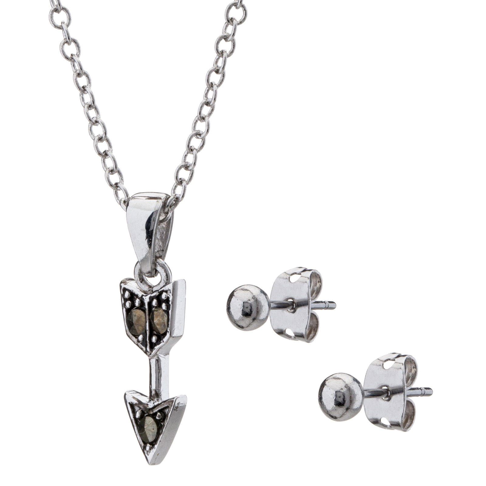 Set of Marcasite Arrow Pendant & Ball Stud Earring: • Genuine marcasite• Silver Tone ball stud earrings• Comfortable butterfly clasp• Gleaming rhodium over brass• Disclaimer: Gemstones may feature inclusions or imperfectio