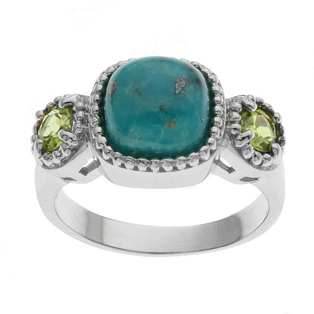 Silver Turquoise & Peridot 3-Stone Ring-SZ 7: Campo Frio TurquoiseStabilized Campo Frio Turquoise: One cushion shaped 8 x 8mm cabochonPeridot: Two round modified-brilliant cut 4mmRing DetailsMetal: Rhodium over sterling silverSetting Type: Bezel/