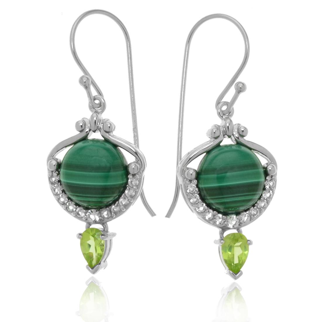 Sterling Silver Malachite & Peridot Earrings: Sterling Silver Malachite & Peridot Earrings• Metal: Sterling Silver • Stone: Malachite,White Topaz,Peridot • Dimensions: 41 mm X 15 mm • Total Weight: 7.4 grams• Backing
