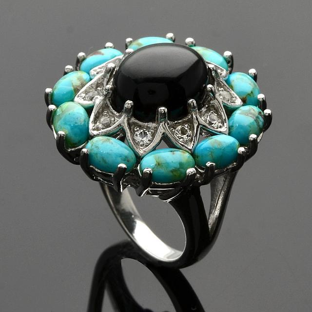 Silver Turquoise & Black Onyx Flower Ring-SZ 7 (1 of 1)