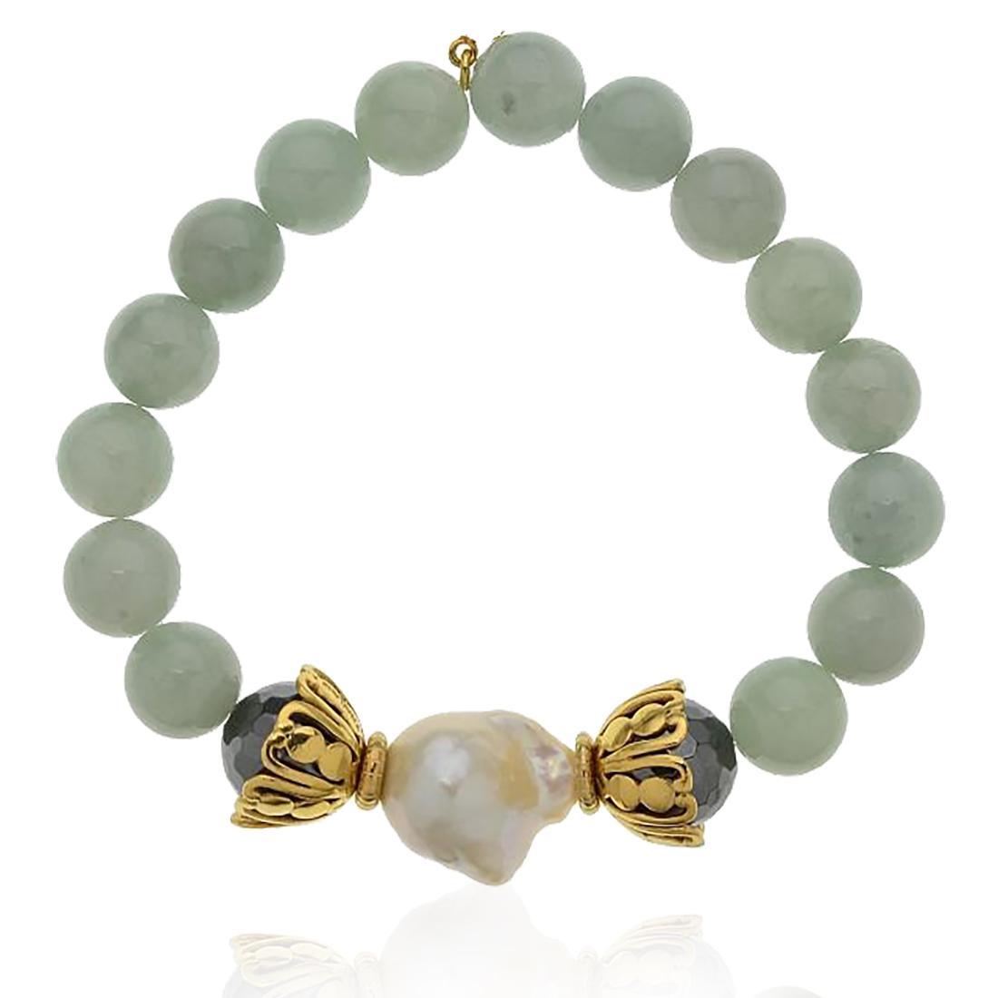 Baroque Pearl & Green Jade Stretch Bracelet 7.5" (1 of 1)