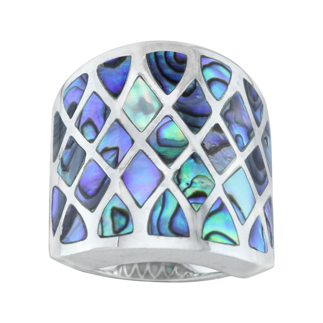 Silver Freeform Abalone Inlay Shield Ring-SZ 7: • Genuine abalone • Freeform diamond-like sahped inlayed shell• Gleaming rhodium over fine sterling silver