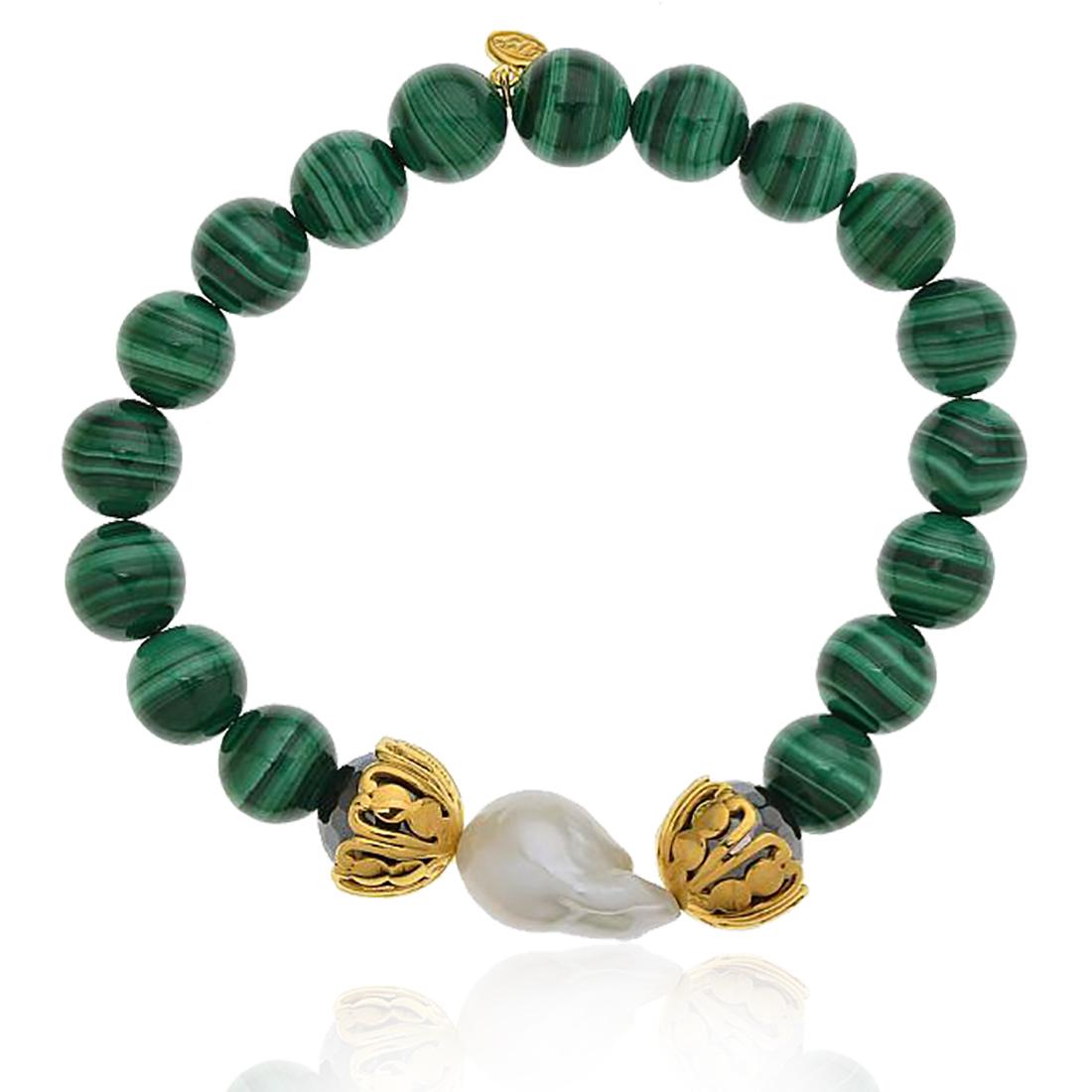 Baroque Pearl & Malachite Stretch Bracelet 7.5" (1 of 1)