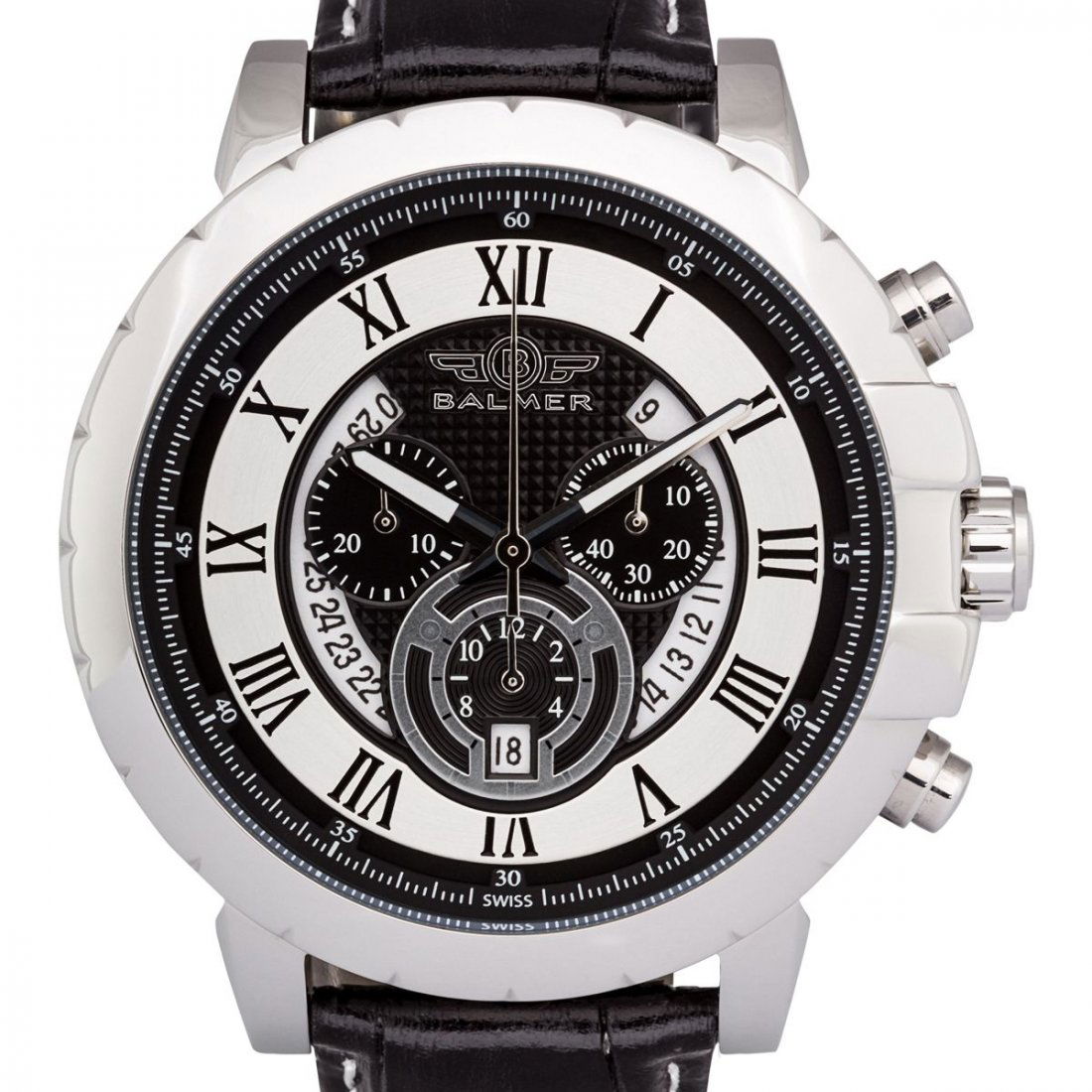 Balmer Swiss Chronograph Atalante Mens Watch: Balmer Swiss Chronograph Atalante Mens Watch - Black Leather Strap, Silver Case, Silver/Black Dial • Bevel Edged Outer Ring With Graduated Minute Markers, Roman Numeral Indicies and Open Date Ring �