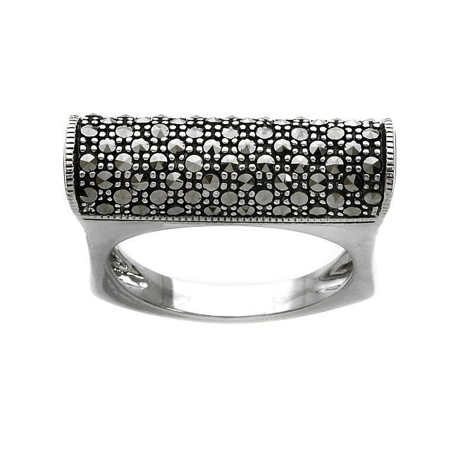 Sterling Silver Marcasite Pave Barrel Ring-SZ 10: • Genuine marcasite & mother of pearl• Setting: Prong/ Adhesive• Measurement: 8mm L x 20mm W x 6mm H • Gleaming rhodium over fine sterling silver• Disclaimer: Gemstones m