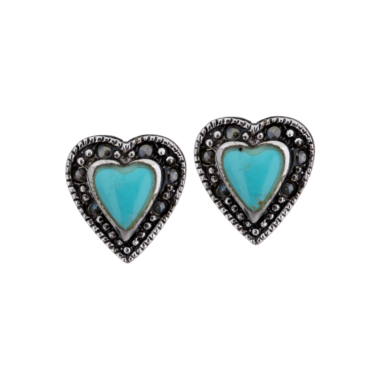 Genuine Marcasite Heart Earrings: • Genuine marcasite and simulated dyed howlite• Setting: Prong/ Bezel/ Adhesive• Measurement: 10mm x 10mm x 4mm• Secured butterfly clasp• Gleaming rhodium over brass̶