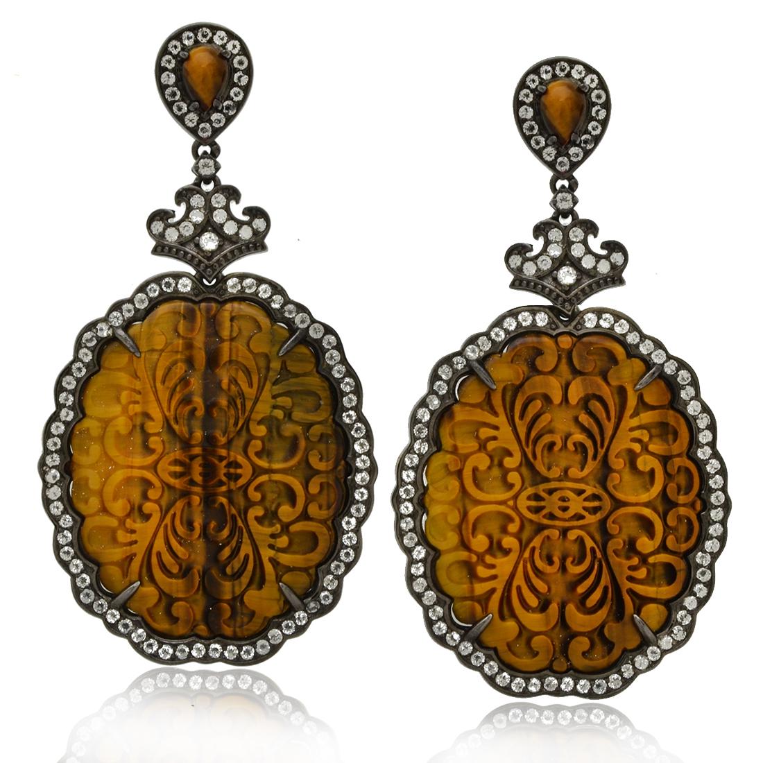 Sterling Silver Carved Tiger's Eye Earrings (1 of 2)