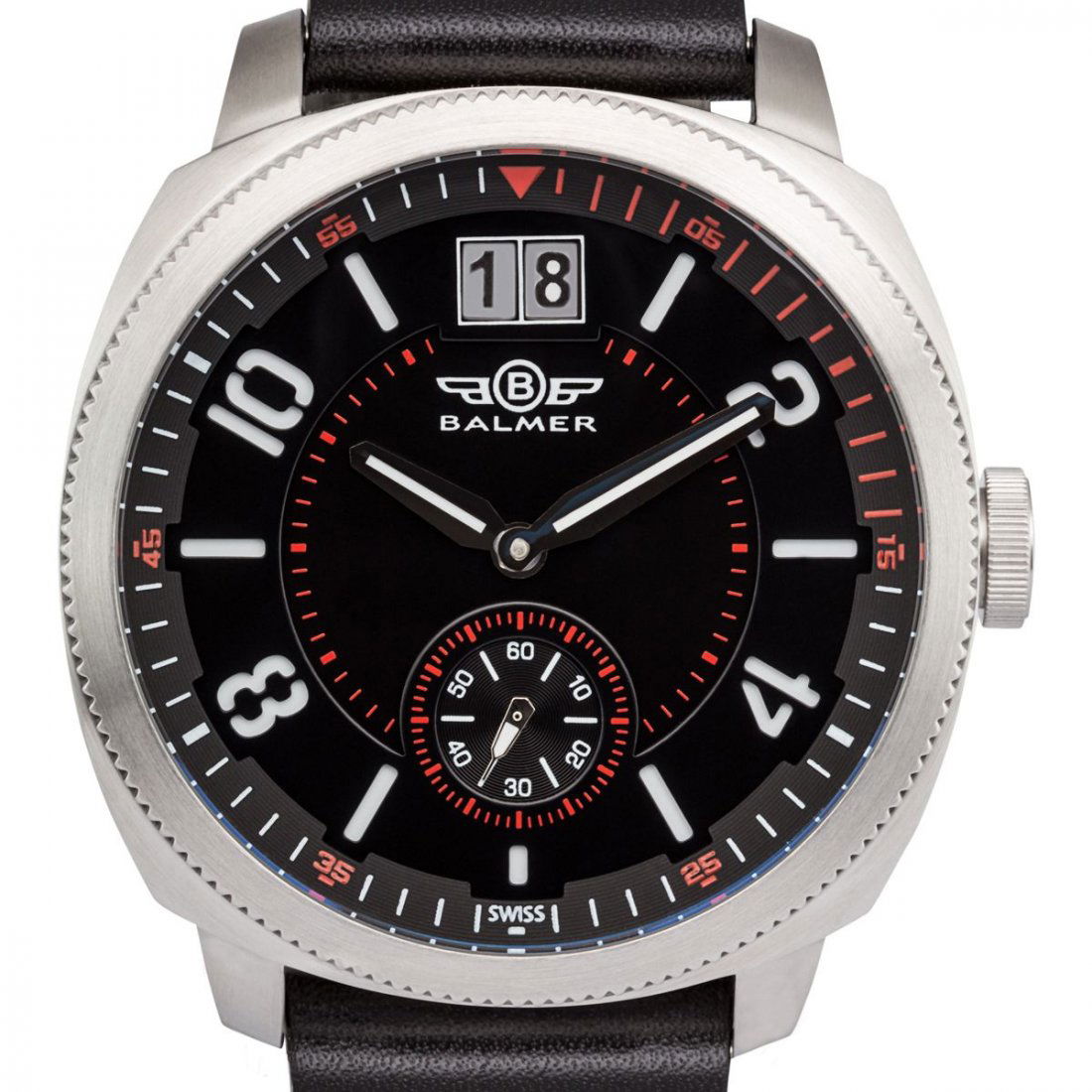 Balmer Swiss Made Stratos Mens Watch: Balmer Swiss Made Stratos Mens Watch - Brown Leather Strap, Silver Case, Black/Red Dial •Multi Layer Large number Dial with Big Date at 12 O'Clock and Sub Dial at 6 O'Clock • 2 Hand Quartz with Da