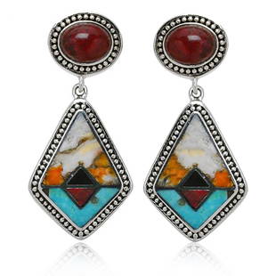 Sterling Silver Southwest Inlay Earrings: Sterling Silver Southwest Inlay Earrings• Metal: Sterling Silver• Stone: Turquoise,Red Jasper,Spiney Oyster,Black Agate • Dimensions: 41.76mmX19.3 mm • Total Weight: 14.3