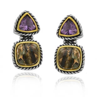 Sterling Silver Abalone Bronze & Amethyst Earrings: Sterling Silver Abalone Bronze & Amethyst Earrings• Metal: Sterling Silver with 14K pen plated accent • Stone: Abalone bronze & Amethyst • Dimensions: 25.7mmX13 mm • Total