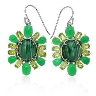 Sterling Malachite & Peridot Dangle Earrings: Sterling Malachite & Peridot Dangle Earrings• Metal: Sterling Silver • Stone: Malachite&Paridot&Green Agate • Dimensions: 41.8mmX21.9 mm • Total Weight: 10.7 grams •