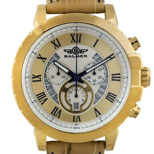 Balmer Atalante Men's Swiss Chronograph Watch: Balmer Atalante Men's Swiss Chronograph Watch - Light Brown Croco Grain Genuine Leather Strap, Gold Case, White and Gold Dial, Blue Accents • Bevel Edged Outer Ring With Graduated Minute