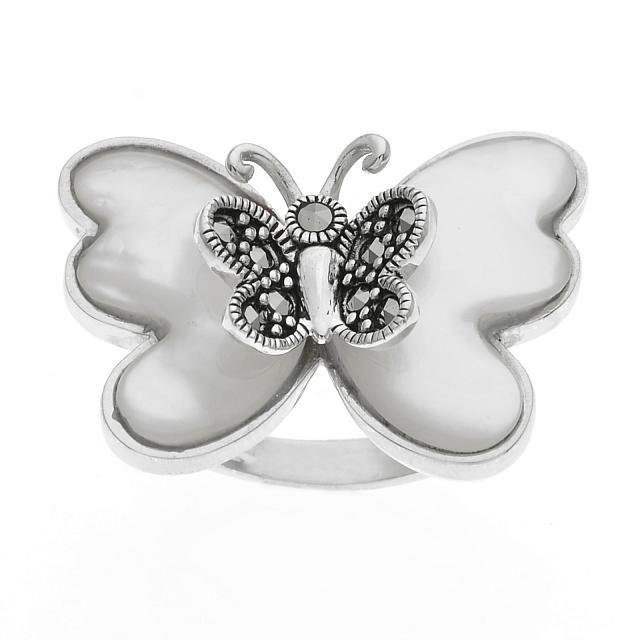 Sterling Silver MOP & Marcasite Butterfly Ring-SZ5: What a charming, cheerful design! Addison Lane crafts a lovely butterfly design in oxidized sterling silver and embellishes it with ever-changing iridescent mother-of-pearl and marcasite to create a r
