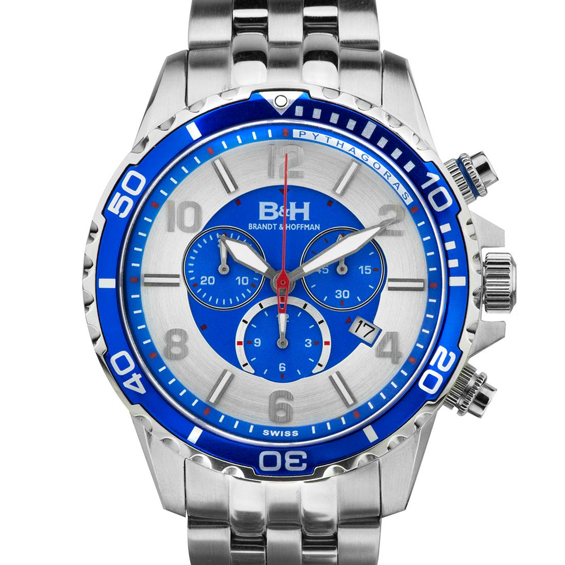 Brandt & Hoffman Pythagoras Chronograph Mens Watch: ChronographGenuine Swiss Ronda 3050.D MovementStainless Steel CaseStainless Steel BraceletDivers Flip Lock ClaspWater resistant up to 100 metersCase diameter 45mmStrap Length 200mm