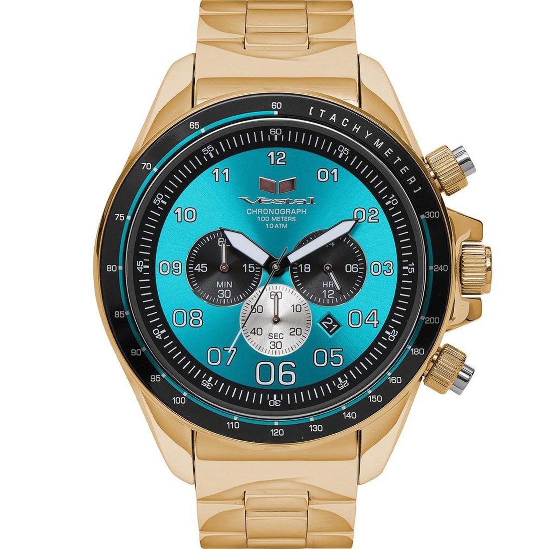 Vestal ZR3030 ZR3 Watch - Gold/Teal/Polished: The ZR-3 is the largest yet in the Vestal collection. This vintage-inspired timepiece is an oversized premium round chronograph with stainless steel case construction and features an extra thick cryst