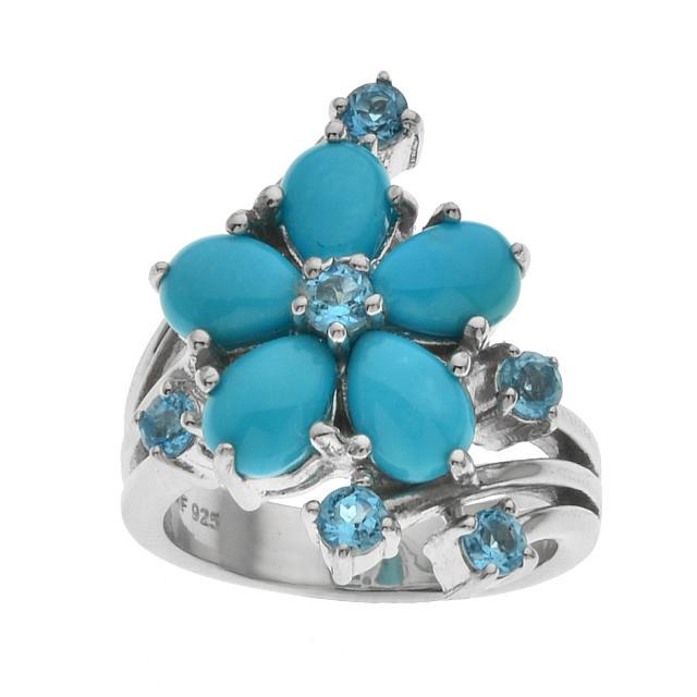 Silver Turquoise & Blue Topaz  Flower Ring-SZ 9 (1 of 1)