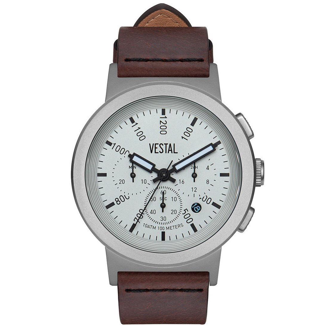 Vestal Men's 44mm Retrofocus Chrono Watch: Inspired by vintage camera & lens designs, The Retrofocus by Vestal is most certainly one of a kind. The Retrofocus first reveals its design inspiration through a very unique way of using camera ISO l