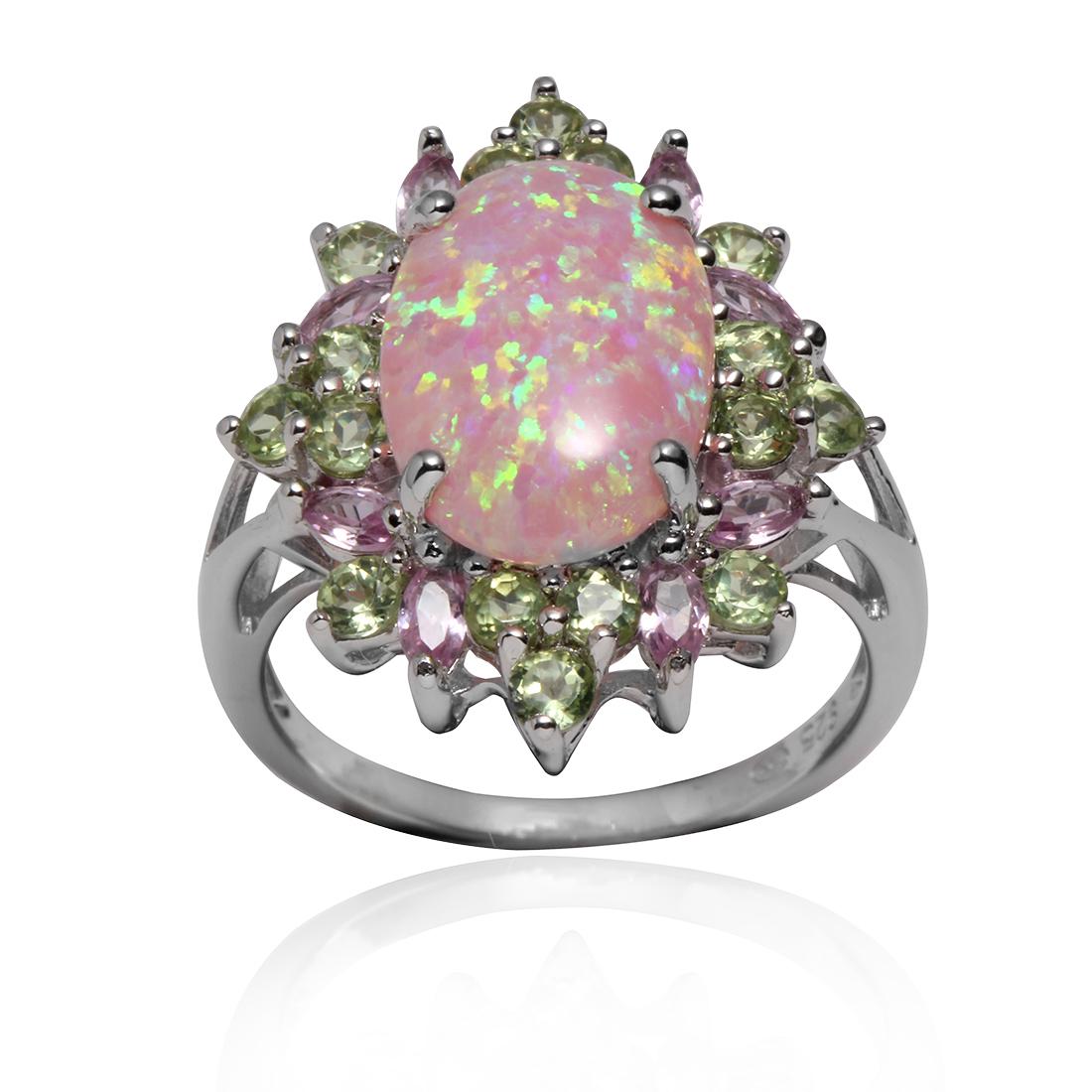 Pink Created Opal&Peridot S/S Ring SZ 7 (1 of 2)