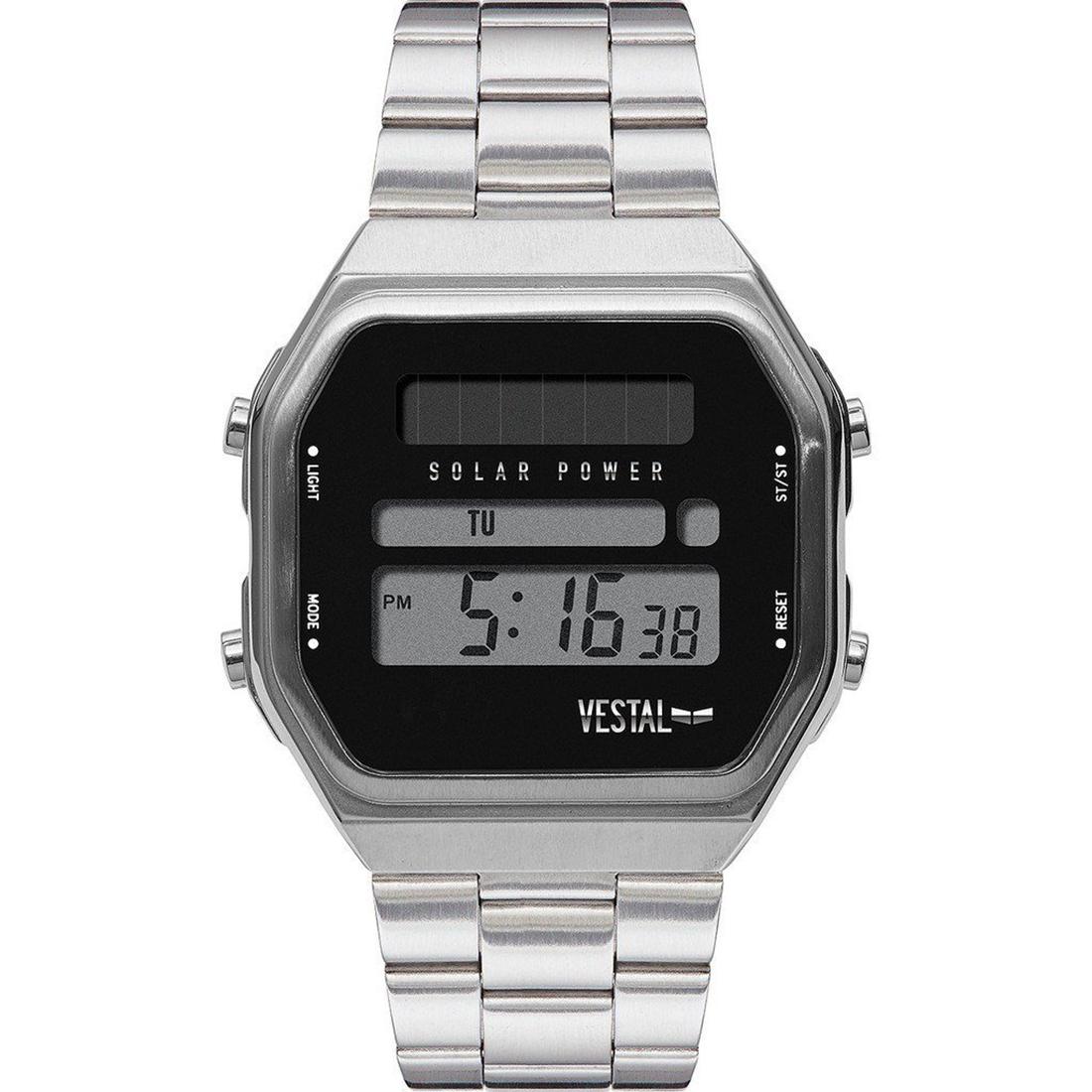 Vestal Metal Yacht Silver SYNDMO2 Watch: Round watch featuring corrugated bezel with black top ring, stick/Arabic indices, and two chronograph sub dials. A 45 mm stainless steel case with mineral dial window and Japanese quartz movement with