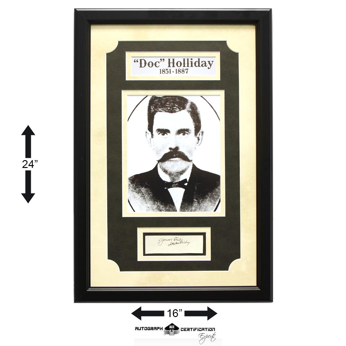 John Henry "Doc" Holliday 3x1 clipped signature: John Henry “Doc” Holliday (1851-1887). 1 x 3” clipped signature. Boldly signed across middle of cut. Character forms can be seen below signature at the bottom of cut. A dentist by trade, Doc Hol