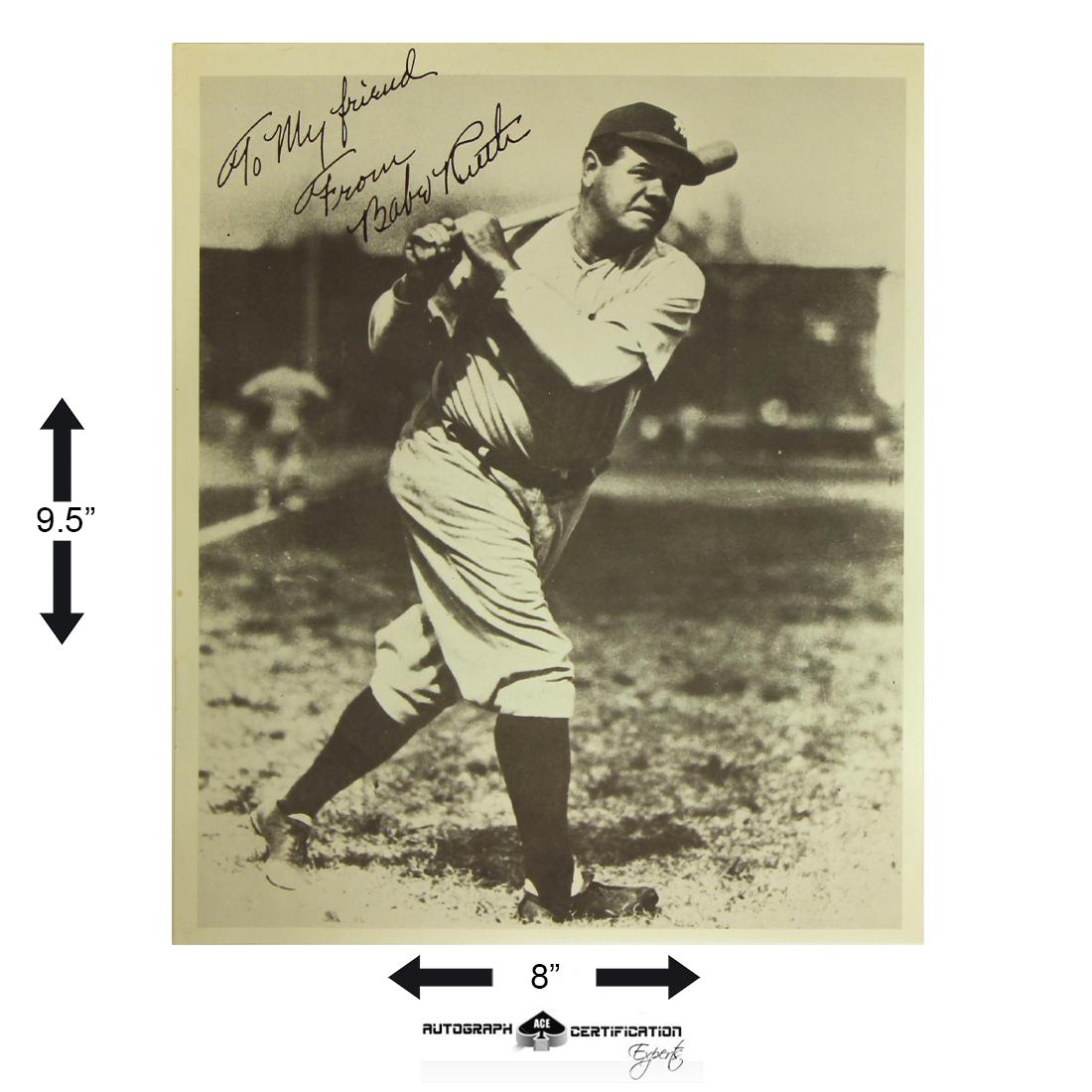 Babe Ruth New York Yankees Signed 9.5x8 photograph: Babe Ruth (February 6, 1895 – August 16, 1948). 8 X 9.5 Babe Ruth signed Black and White Photograph. Signed top left and inscribed ‘To My friend From’ Signed Boldly in black fountain pen ink. Th