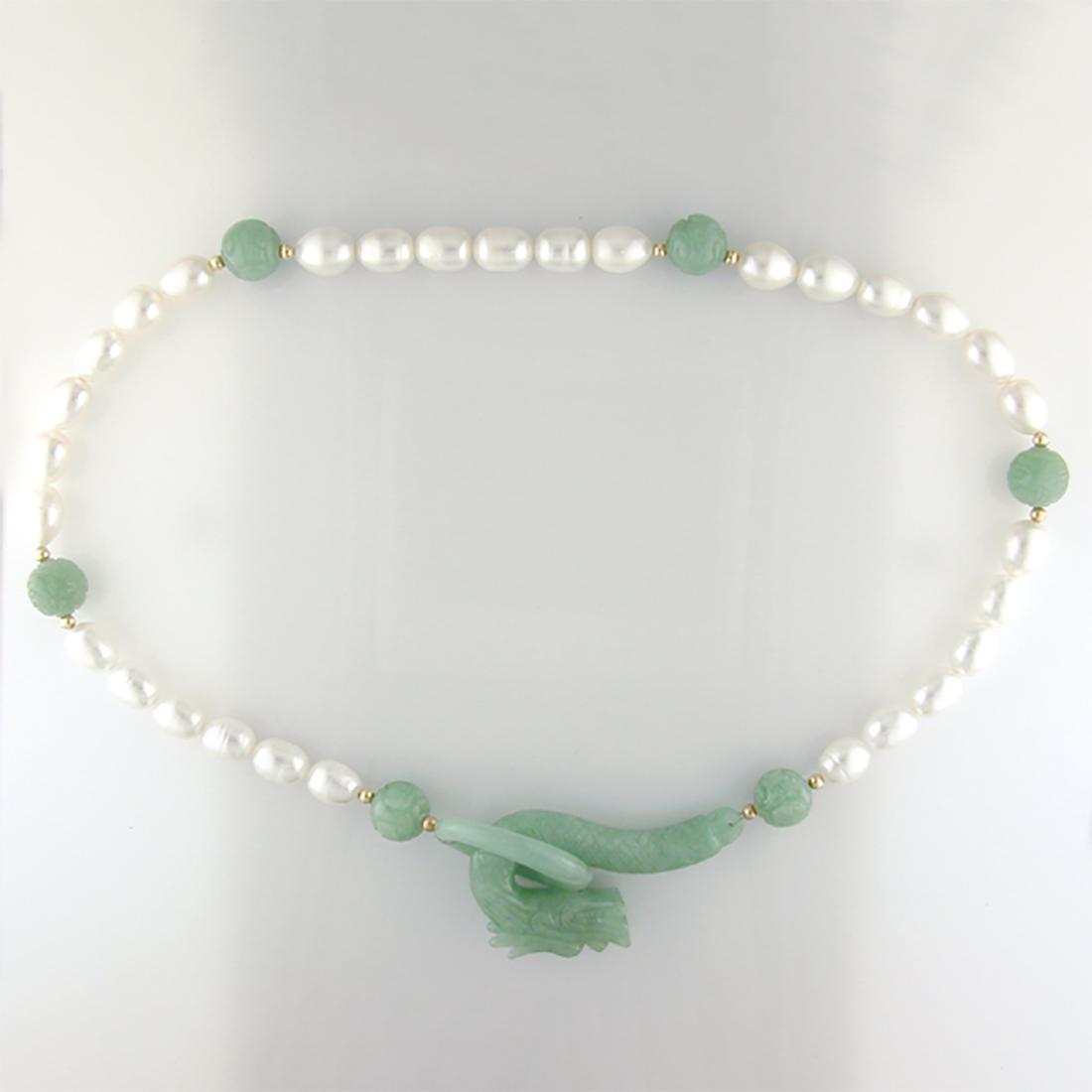 14K Gold Jade Dragon & Pearl Necklace 20" (1 of 1)