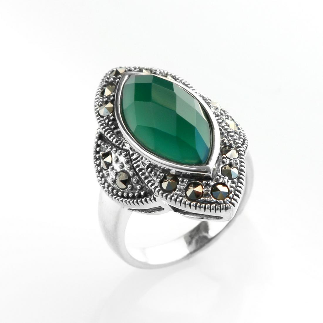 Sterling Silver Green Agate & Marcasite Ring-SZ 5: Addison Lane crafts a lovely, dramatic look with this impressive design from the Felicity Collection. Crafted in oxidized finish sterling silver and adorned with beautiful checkerboard cut genuine gre