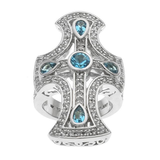 Silver Swiss Blue Topaz & Zircon Cross Ring-SZ 9 (1 of 2)