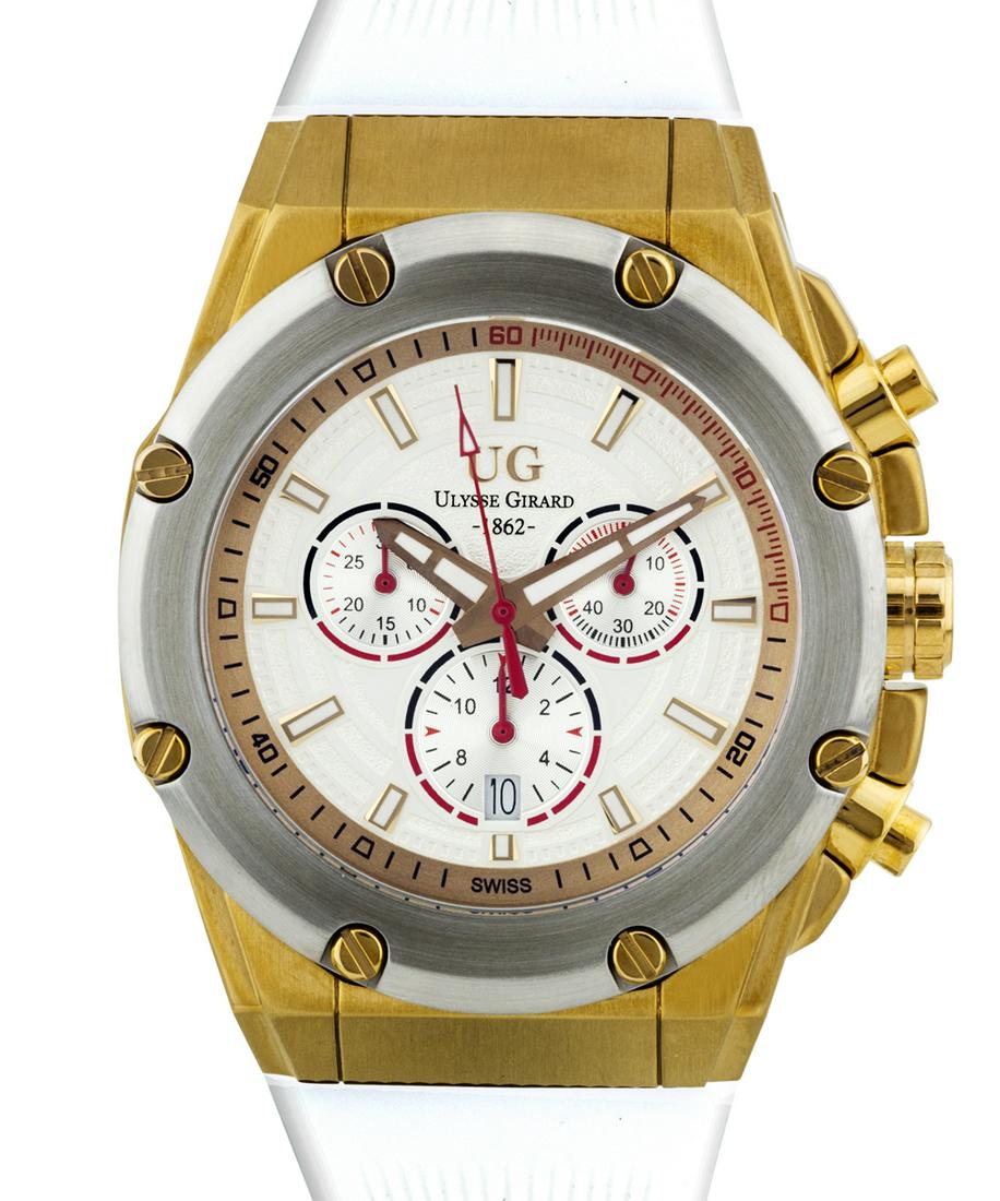 Ulysse Girard Swiss Chronograph Arbour Mens Watch: Concentric Ring textured Dial with Outer Concave Ring Minute Marker housing 3 Sub Dials Large Luminous Hour and Minute Hands with Contrasting Colored Second Hand3Hand 3 Sub Dial and date Chronograph d