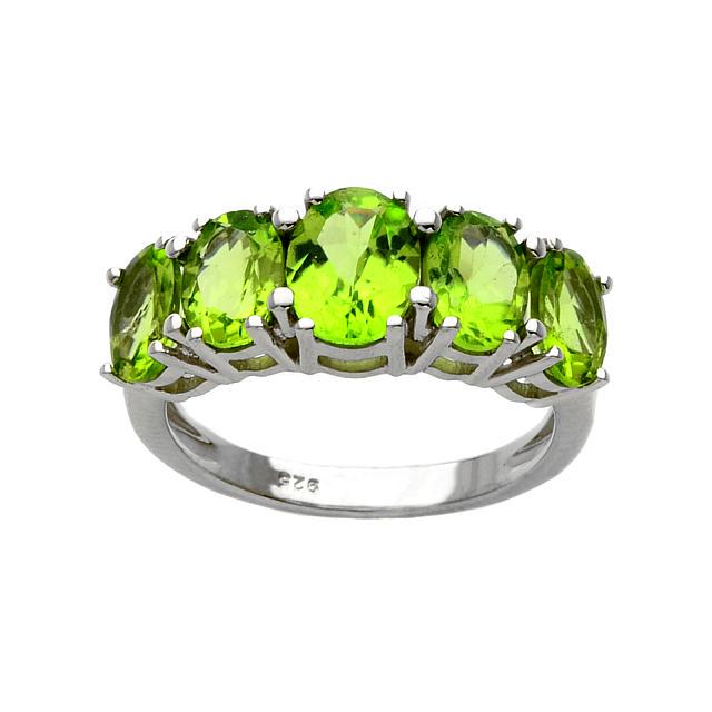 Silver 3.92ct Peridot Five-Stone Band Ring-SZ 7: Metal: Sterling SilverStone Information: One oval cut 8 x 6mm and four oval cut 7 x 5mm peridotSetting Type: ProngApproximate Total Weight:Peridot: 3.92ctMeasurements: 5/16"L x 7/8"W x 3/16"HCountry o