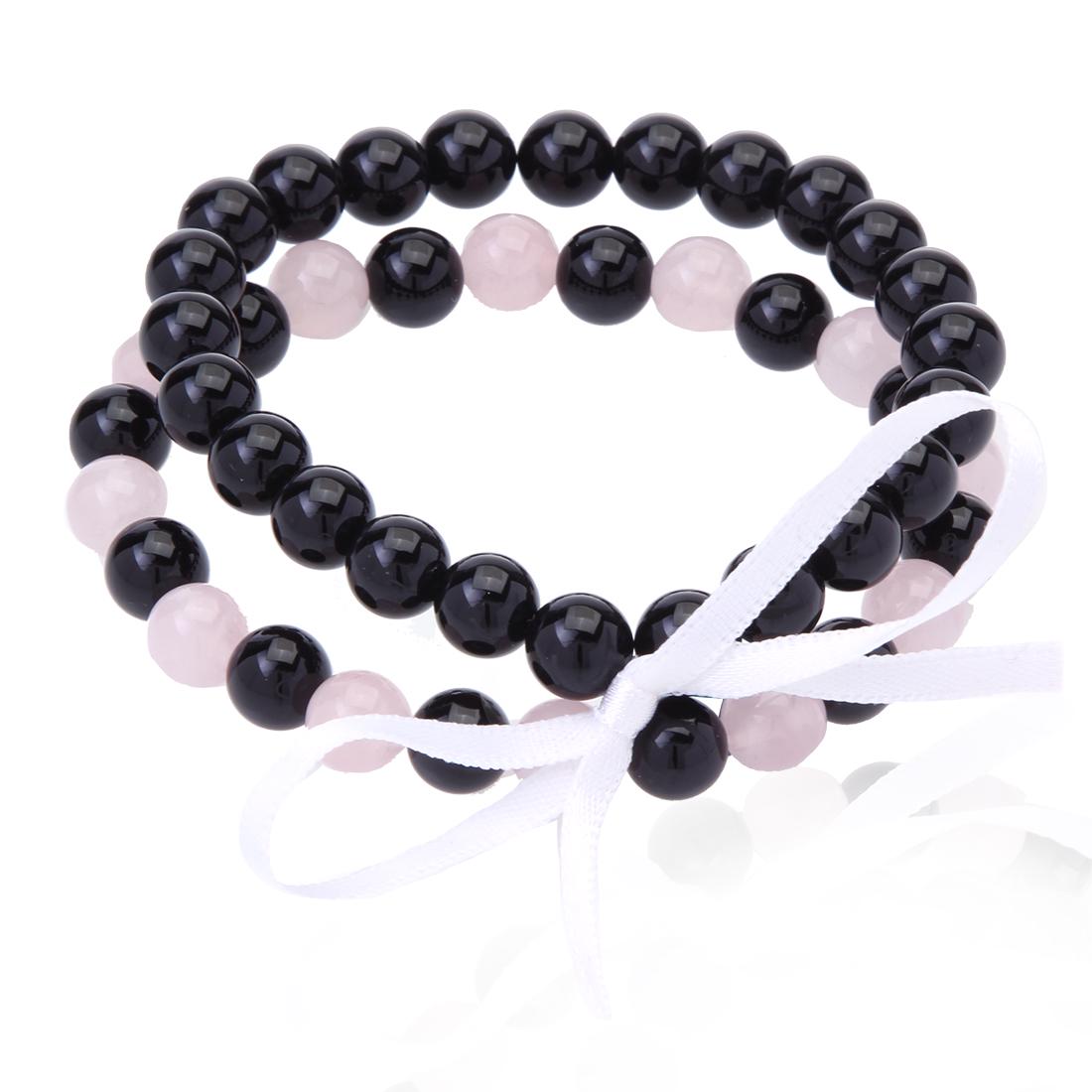 Black Agate & Rose Qtz Stretch Bracelet Set (1 of 2)