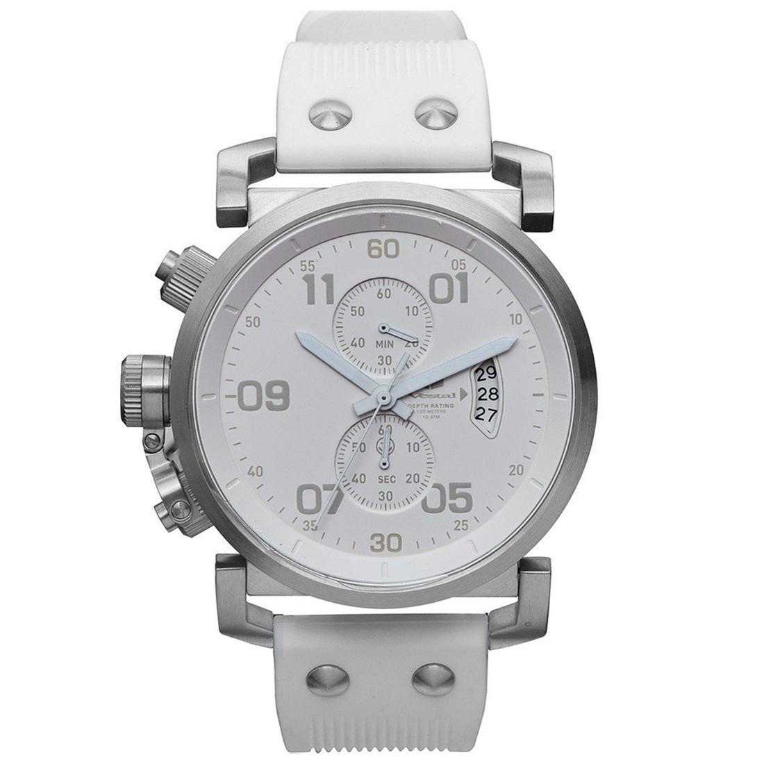 Vestal Men's USS Observer Chrono Watch: Left-handed watch featuring luminous hands, two chronograph subdials, and date window at 3 o'clock.