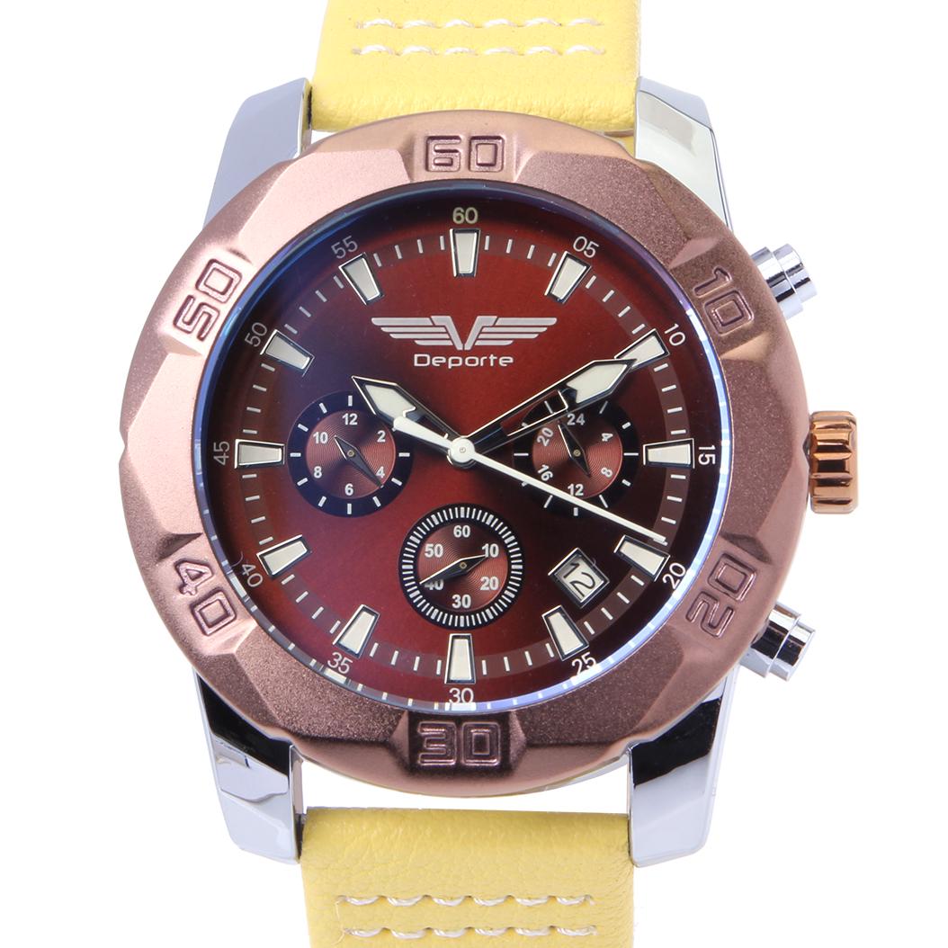 Deporte D-T Brown Men's Sport Watch: The Deporte dual time men's watch features a silver case and brown bezel, brown dial and genuine cream colored leather band