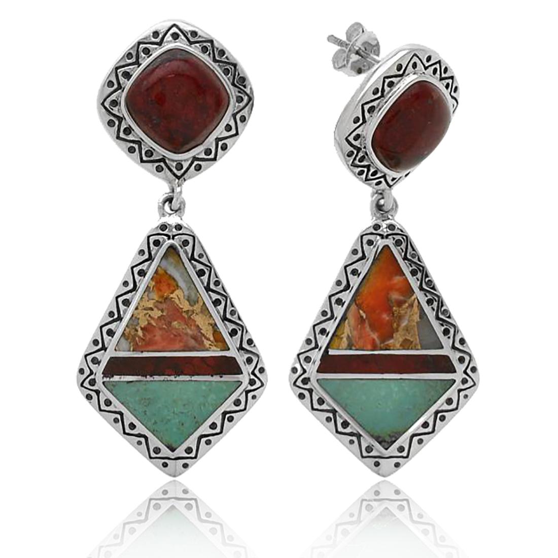 Sterling Silver Turquoise & Jasper Inlay Earrings: Sterling Silver Turquoise & Jasper Inlay Earrings• Metal: Sterling Silver • Stone: Red Jasper,Spiney Osyter, Turquoise • Dimensions: 46.5 mm X 19.4 mm • Total Weight: 13.8 gram