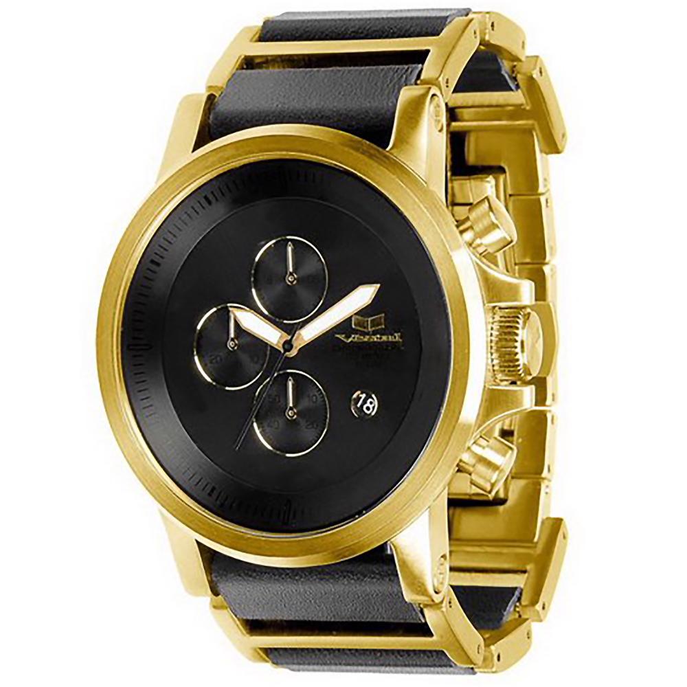 Vestal Plexi Leather Watch - Gold/Black: The Plexi Leather features a premium Japanese chronograph movement, surrounded by a 48mm wide, surgical-grade stainless steel case. The Plexi’s band consists of a combination of s