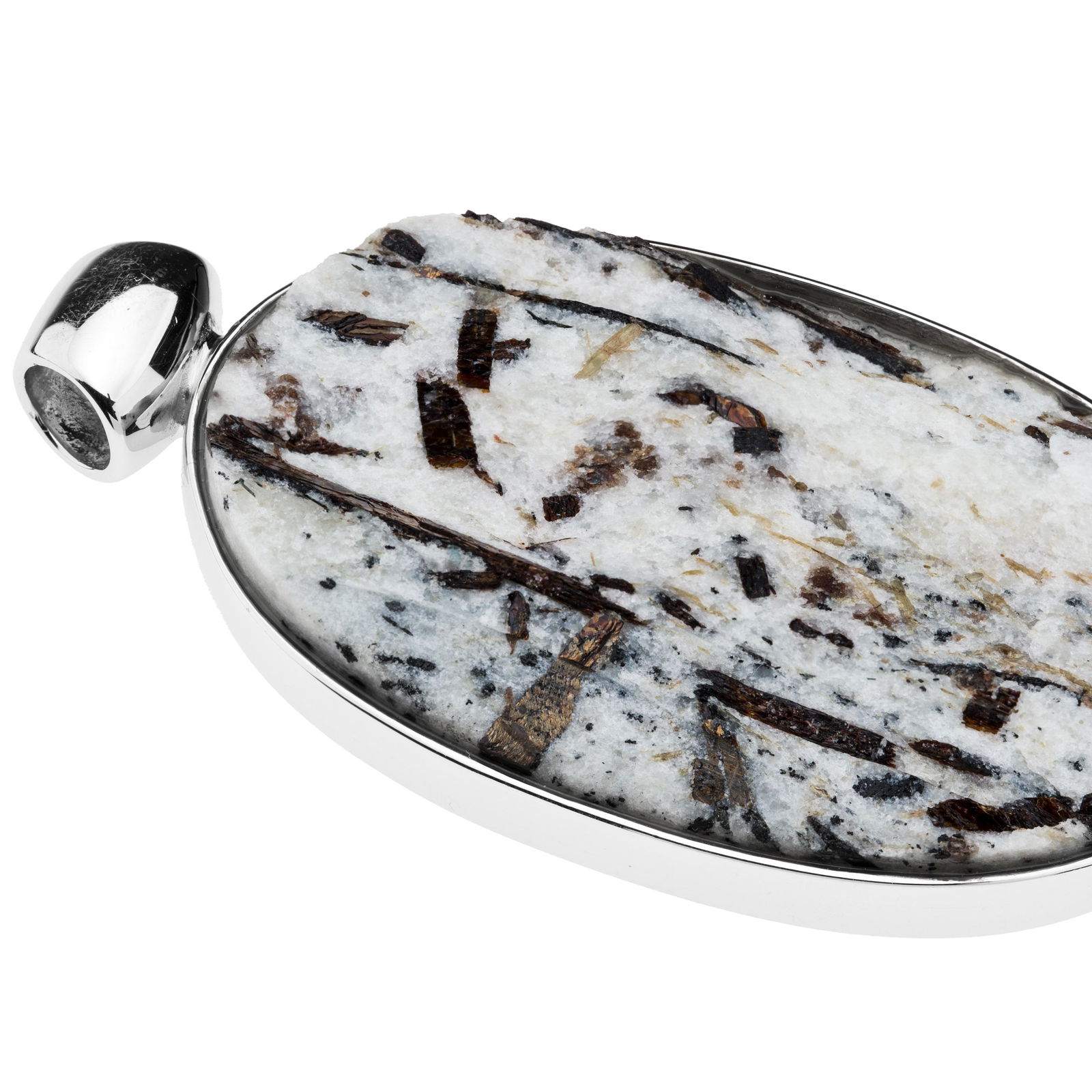 Sterling Silver Oval Astrophyllite Drusy Pendant: This sterling silver pendant's got a massive oval astrophyllite drusy at the center which means it's got a rocky, uneven top like a topographic relief. It's a stone with all kinds of artistic characte