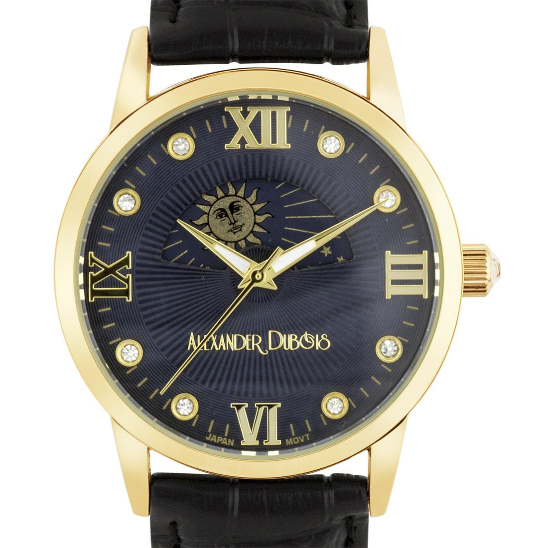 Alexander Dubois Moon Phase Dial 38mm Case Watch: Constructed with a classic ion plated metal case and bezel, the dial features a unique animated AM/PM indicatorBlack, Analog, Casual, Fashion, Stainless Steel and leatherDial Color: Gold, Black with C
