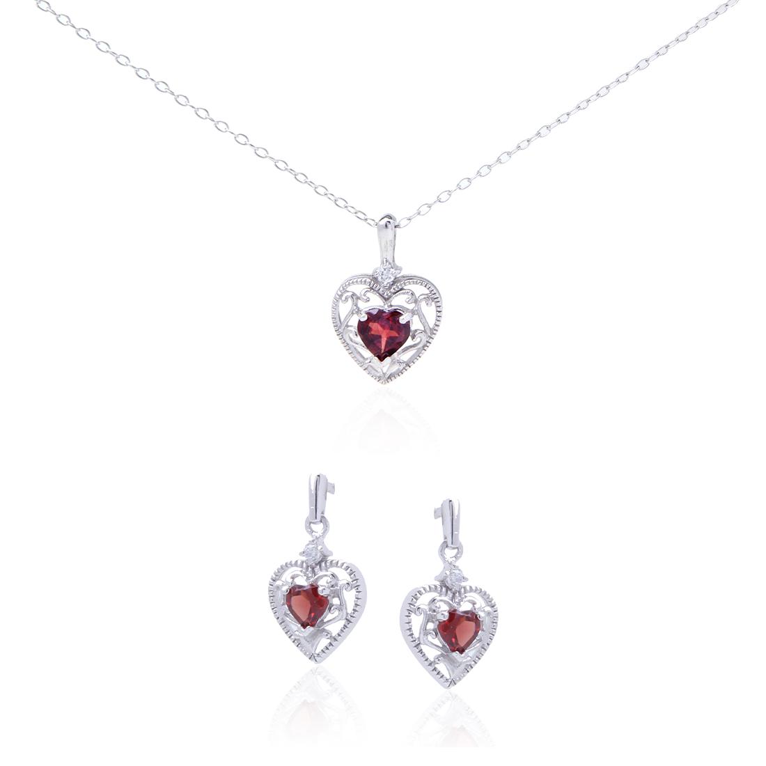 Sterling Silver Heart Garnet Pendant & Earring Set (1 of 3)