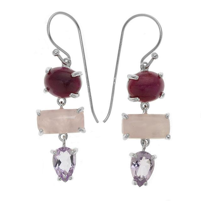 Silver Ruby Corundum & Gemstones Drop Earring: Add gorgeous color and distinctive style with these lovely earrings from the Pangea Mines Pretty in Pastels Collection. Crafted in sterling silver with a gleaming rhodium anti-tarnish finish, these ea