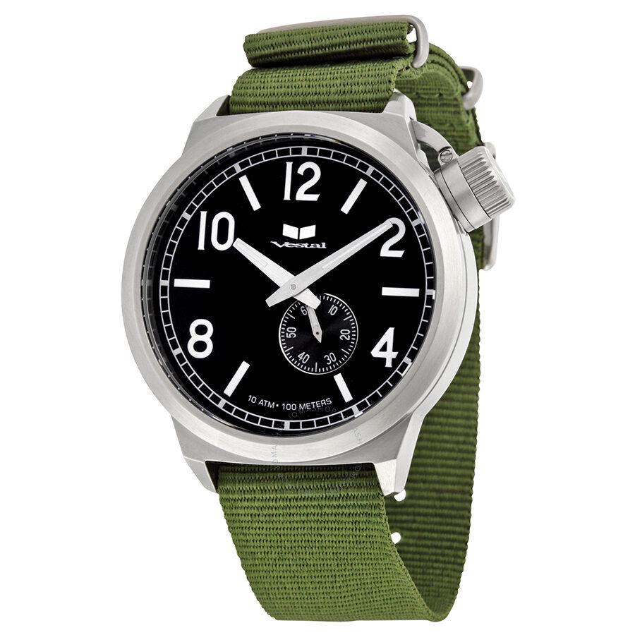 Vestal Canteen Zulu Black Dial Nylon Strap Watch: The Canteen watch features a premium Japanese sub-second movement, encompassed by 44mm wide case crafted from 316L surgical-grade, stainless steel. It features an enamel-filled, screw-down canteen cro
