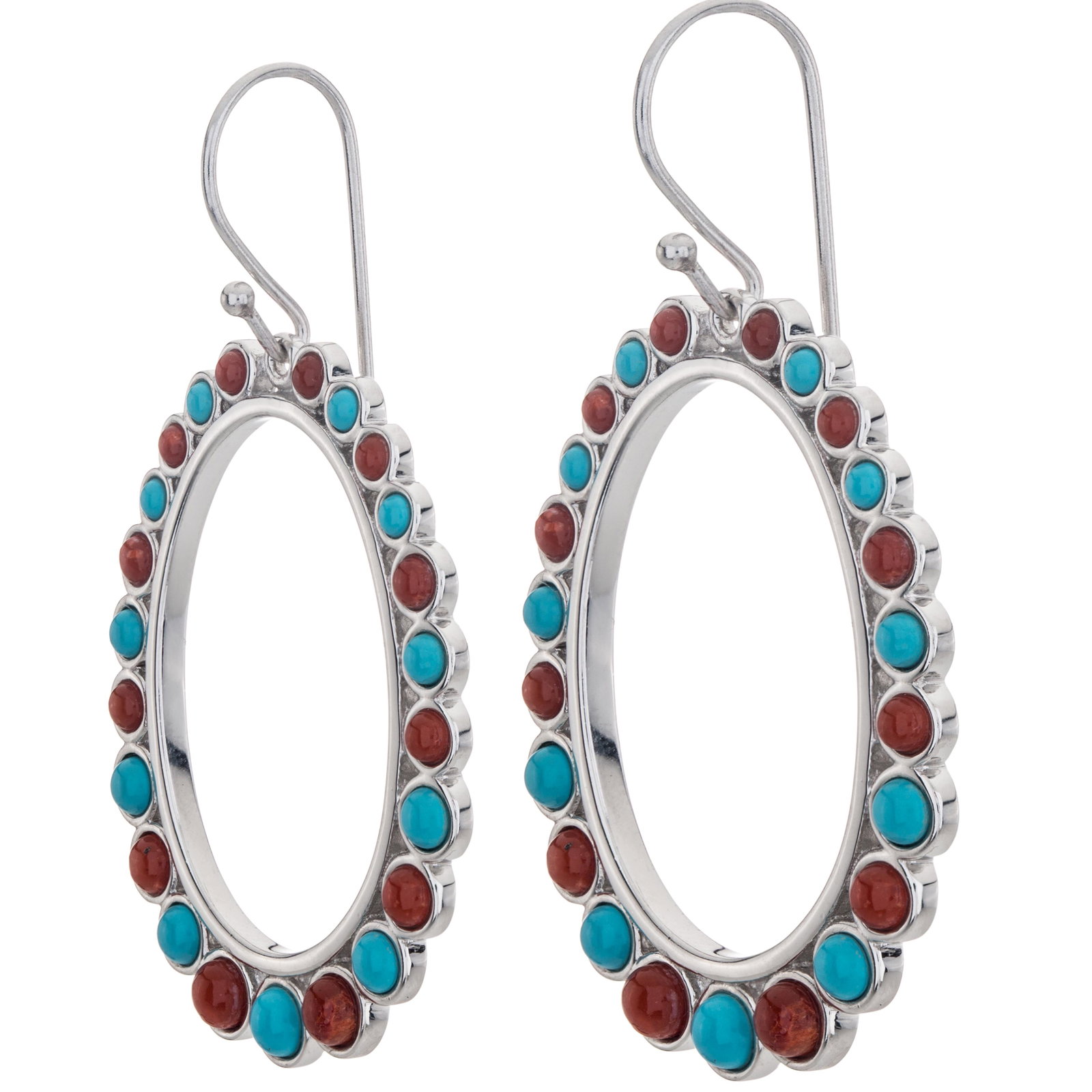 Sterling Silver Turquoise and Coral Hoop Earrings: 925 Sterling Silver Fabulous, fun and wonderfully colorful, Pangea Mines front facing hoop earrings make a lovely addition to any collection. Beautifully crafted in gleaming rhodium over sterling silv